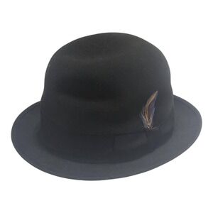 Stephen L Stetson 7 5/8 Feathered Bowler Derby‎ Hat Cap Dark Gray Black Ribbon